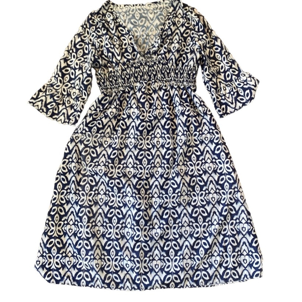 Summer Dress Beach Cover Up Loose Blue White Printed Spring MIDI V Neck L/XL